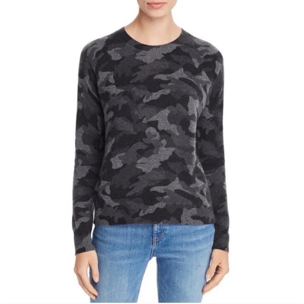 Aqua 100% Cashmere Camo Crewneck Sweater Gray Black Medium - Picture 9 of 16
